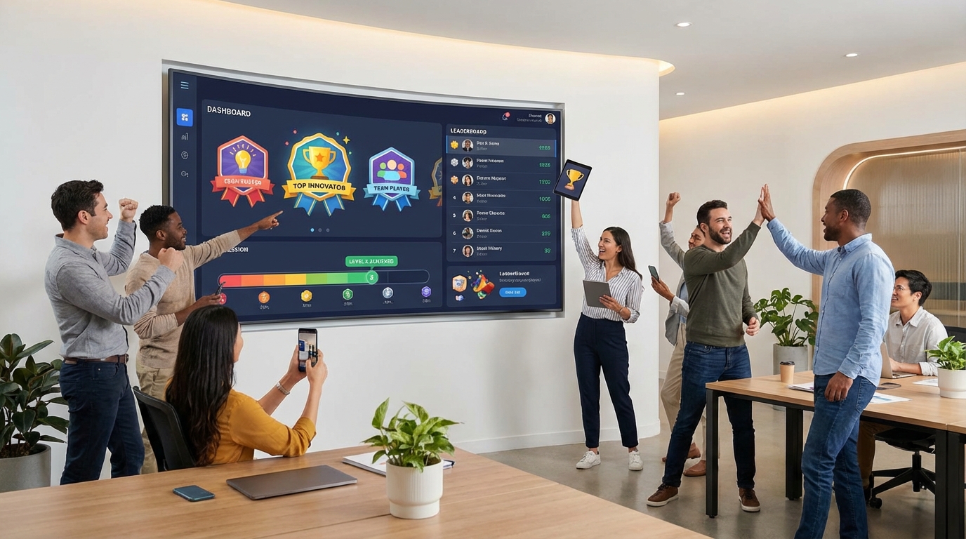 Team celebrating gamification achievements with badges and leaderboards on screen