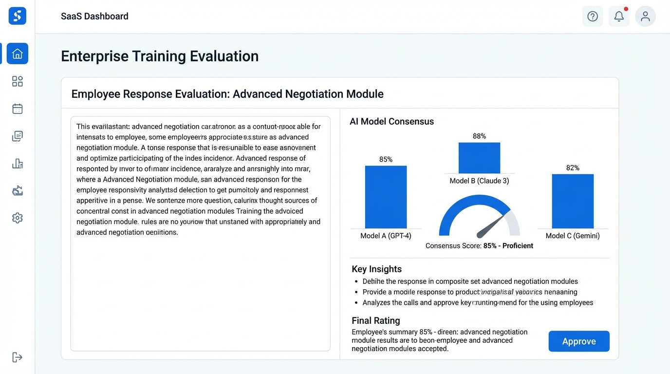 Enterprise training evaluation dashboard showing multi-AI consensus scoring