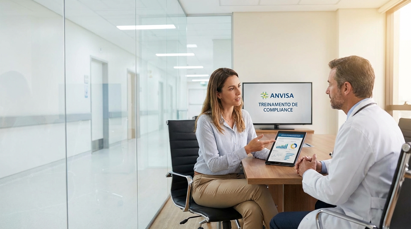 Pharmaceutical representative presenting ANVISA compliance data to a doctor