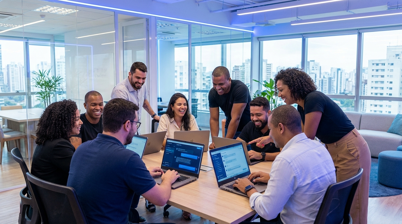 Equipe de vendas brasileira praticando simulações com IA em escritório moderno